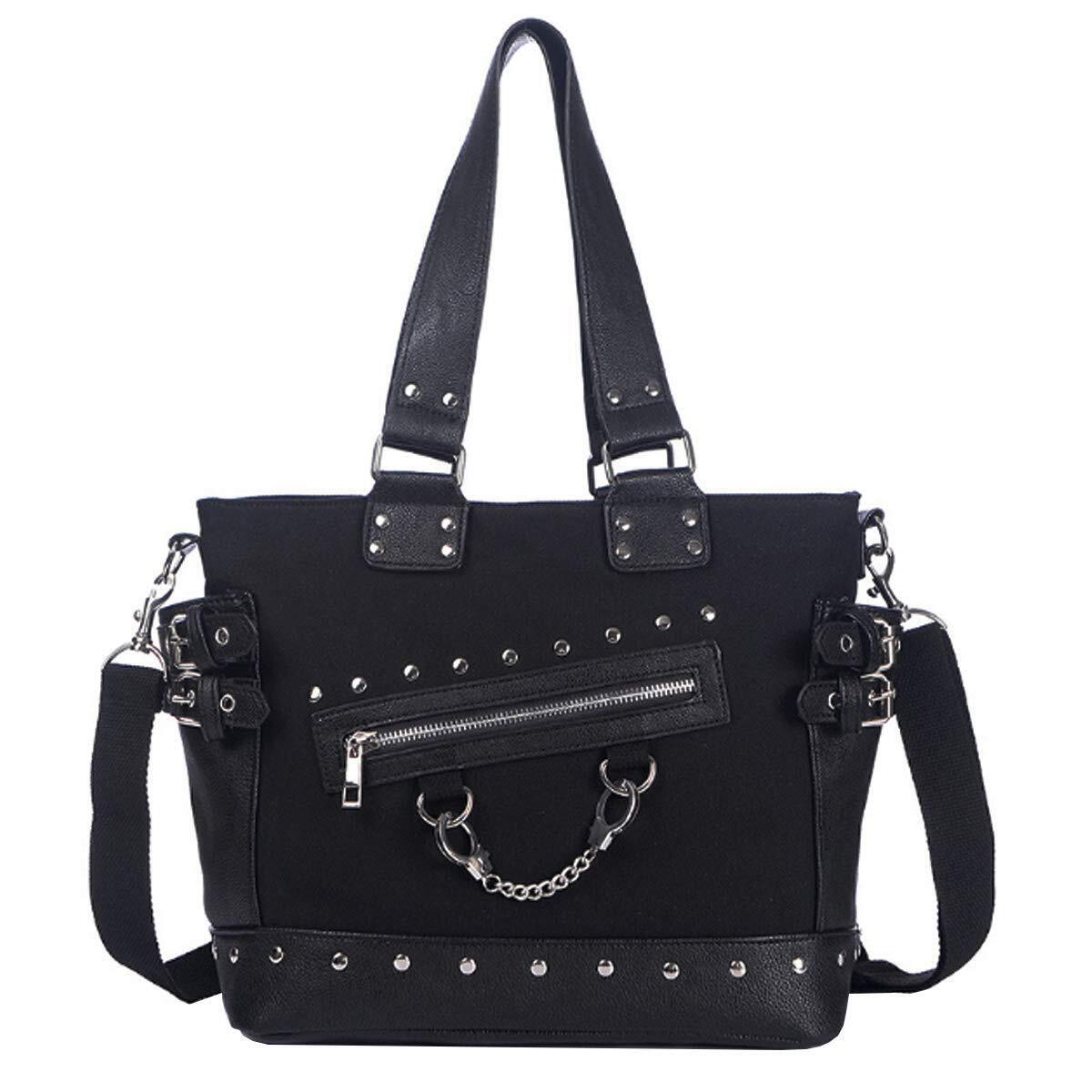 9801 Punk Rivet Handbag Purse Canvas Tote Shoulder Crossbody Bag Large